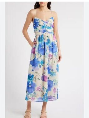 Lost + Wander Blue and Cream Floral Midi Dress NWOT size Medium